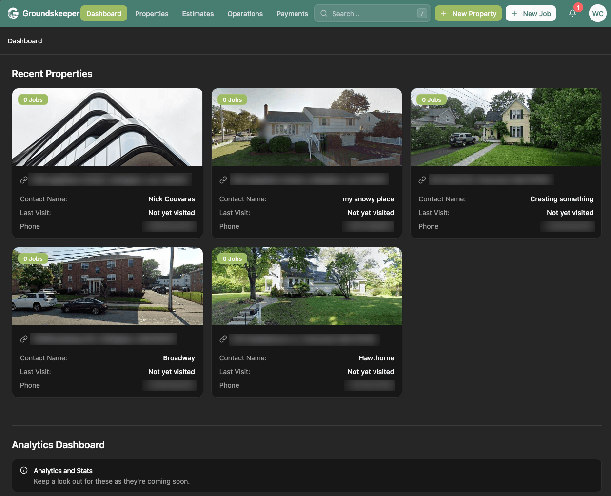 Groundskeeper dashboard showing property management with job tracking
